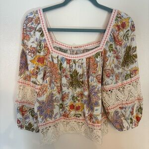 Christian Siriano Floral Linen Blend Peasant Blouse Small 3/4 sleeve